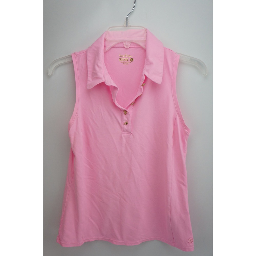 Lilly Pulitzer Polo Shirt Size S Pink Luxletic Sleeveless Palm Buttons Excellent